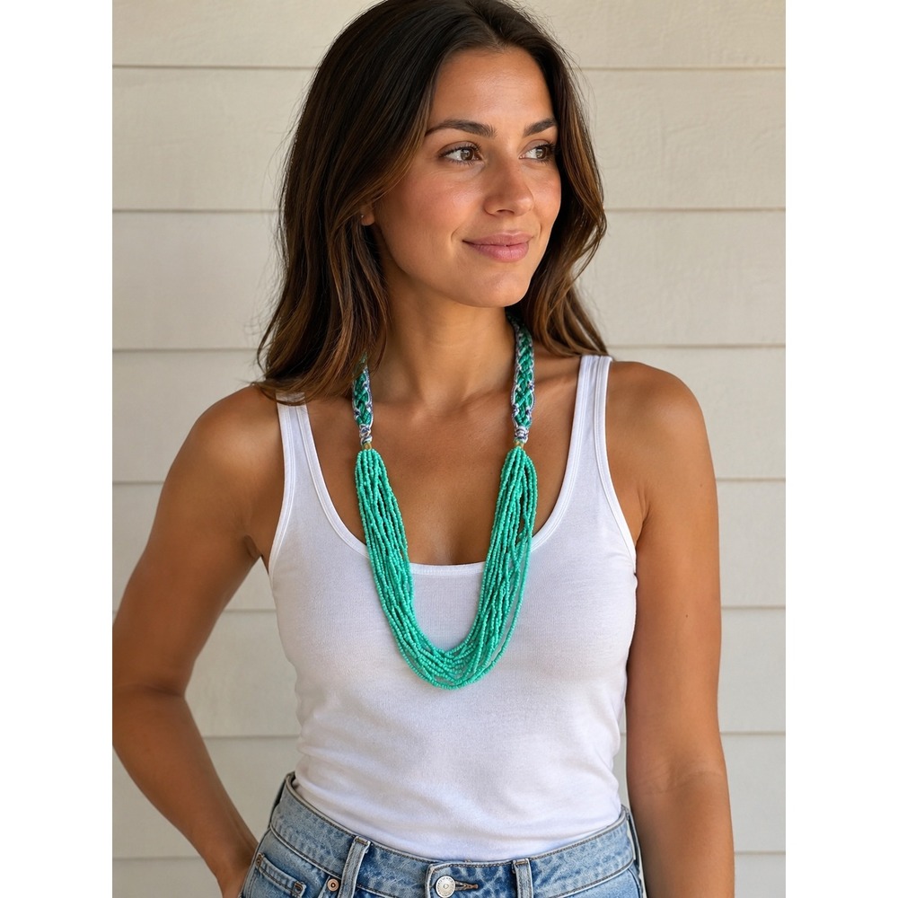 Boho Turquoise Seed Bead‎ Multi Strand Statement Necklace Braided Rope Collar